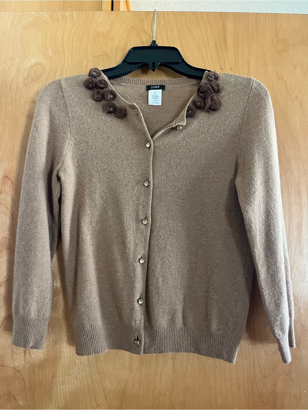 J. Crew Camel Brown Floral-Trim Cashmere Blend Cardigan